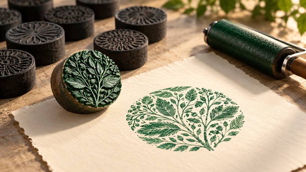 Carved leaf-pattern stamp beside a green botanical print on deckled paper, with an ink roller