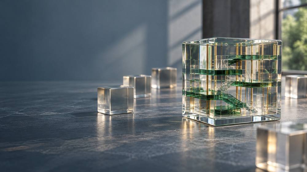Glass cube holding a miniature layered structure with green floors and stairs, on a dark stone surface