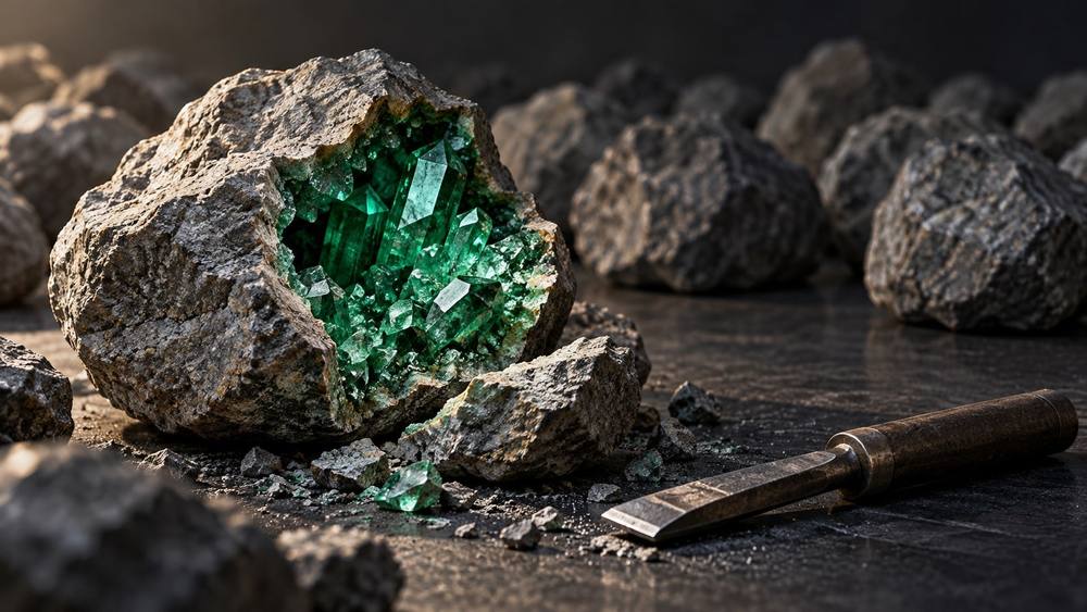 A split rock opening onto green crystals beside a steel chisel