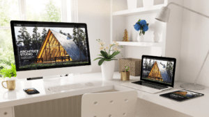 Modern website displayed on a laptop and smartphone, showcasing a professional design in a clean workspace
